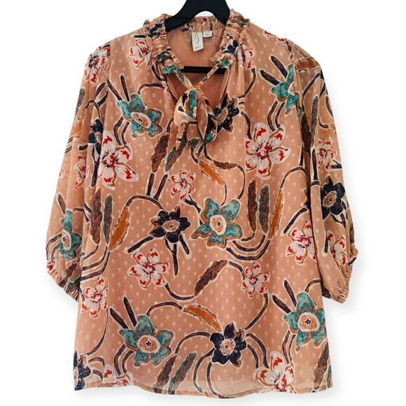 Joie Tops - Joie Floral Swiss Dot Tie Neck Blouse Size Large